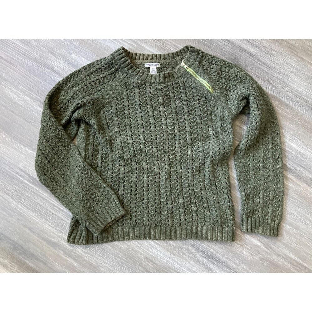 Vintage 90s American Eagle Green 100% Cotton Sweater Shoulder Zipper Medium